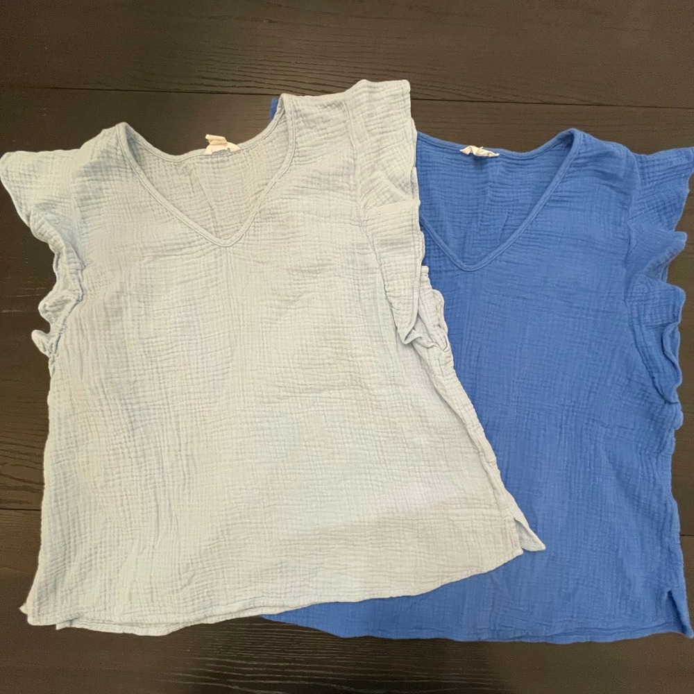 Lot of 2 CASLON Textured Cotton Ruffle Sleeve V Neck Casual Tops Blue Small